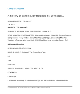 A History of Dancing. by Reginald St. Johnston