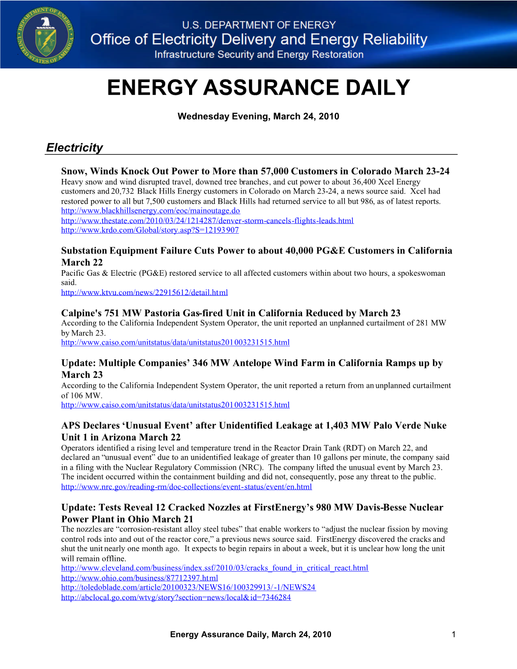 Energy Assurance Daily, March 24, 2010