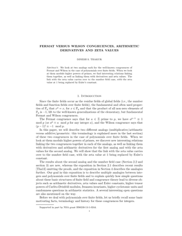 Fermat Versus Wilson Congruences, Arithmetic Derivatives and Zeta Values