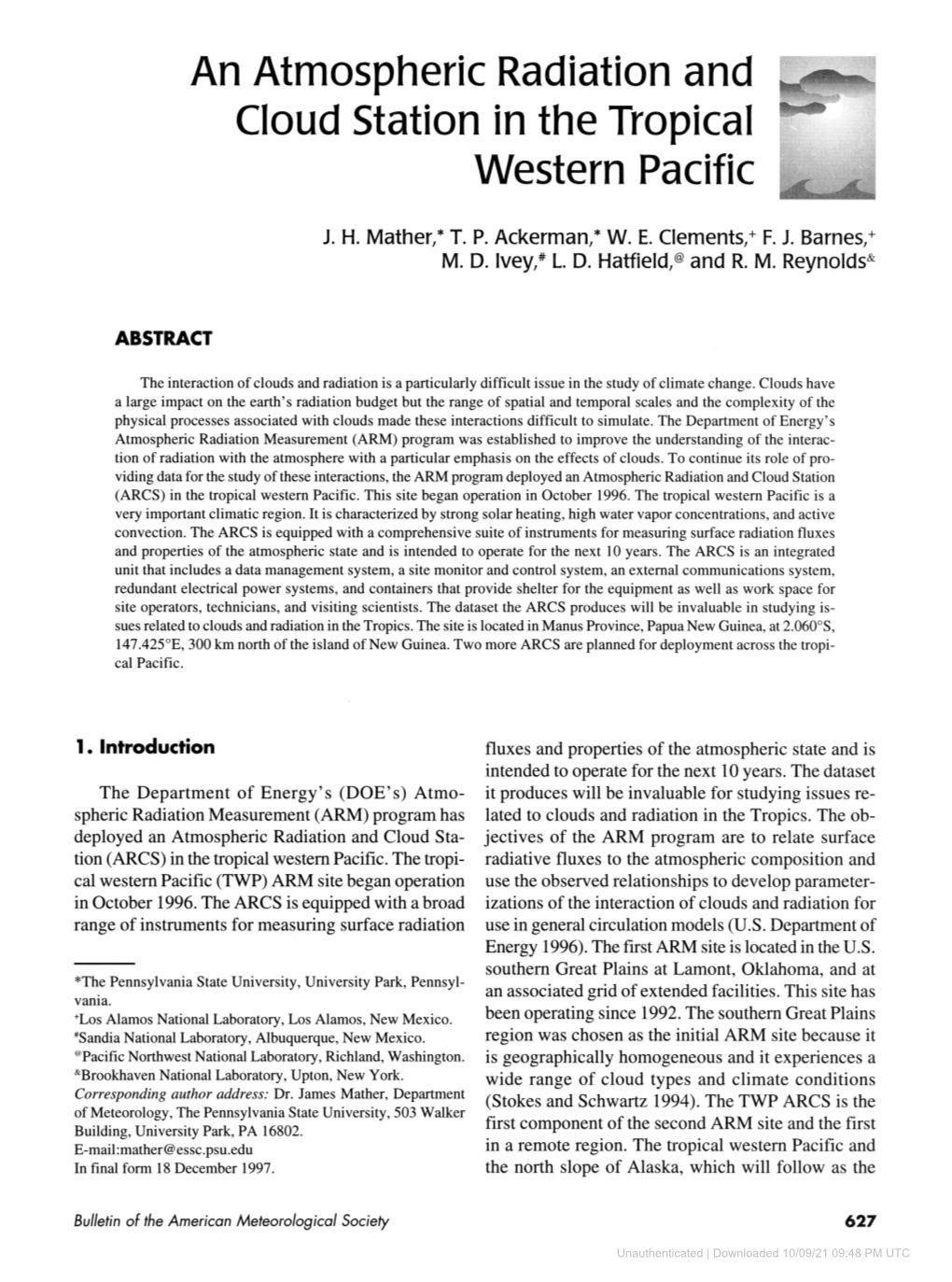 An Atmospheric Radiation and Cloud Station in the Tropical Western Pacific