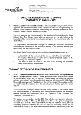 EXECUTIVE MEMBER REPORT to COUNCIL WEDNESDAY 3Rd September 2014