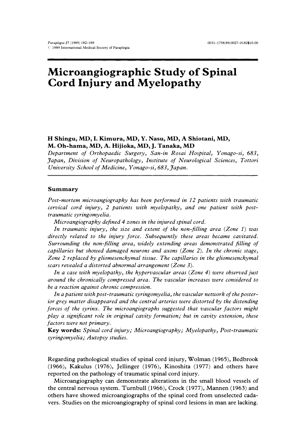 Microangiographic Study of Spinal Cord Injury and Myelopathy