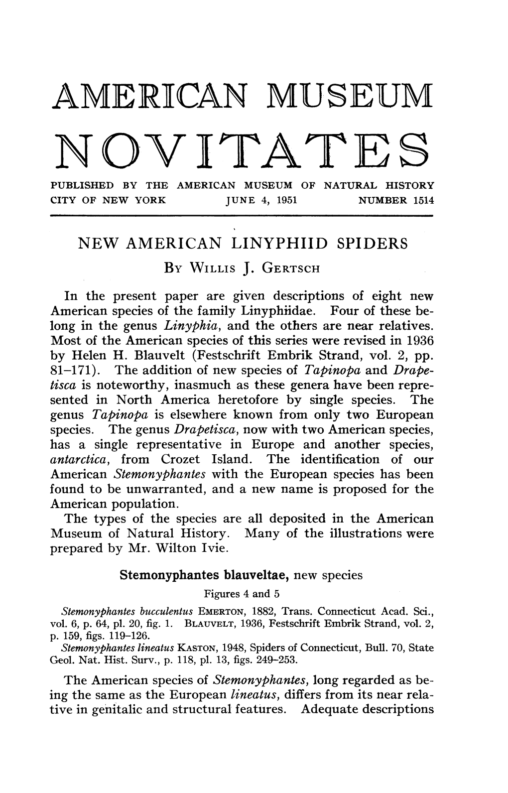 Nov)Itate S Published by the American Museum of Natural History City of New York Jun E 4, 1951 Number 1514