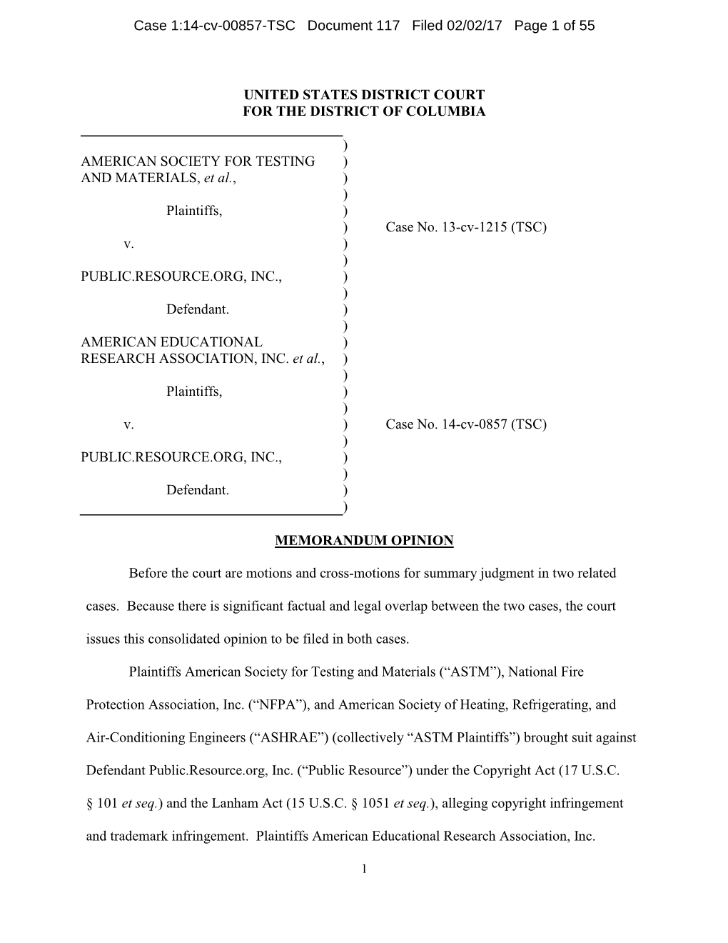 Case 1:14-Cv-00857-TSC Document 117 Filed 02/02/17 Page 1 of 55