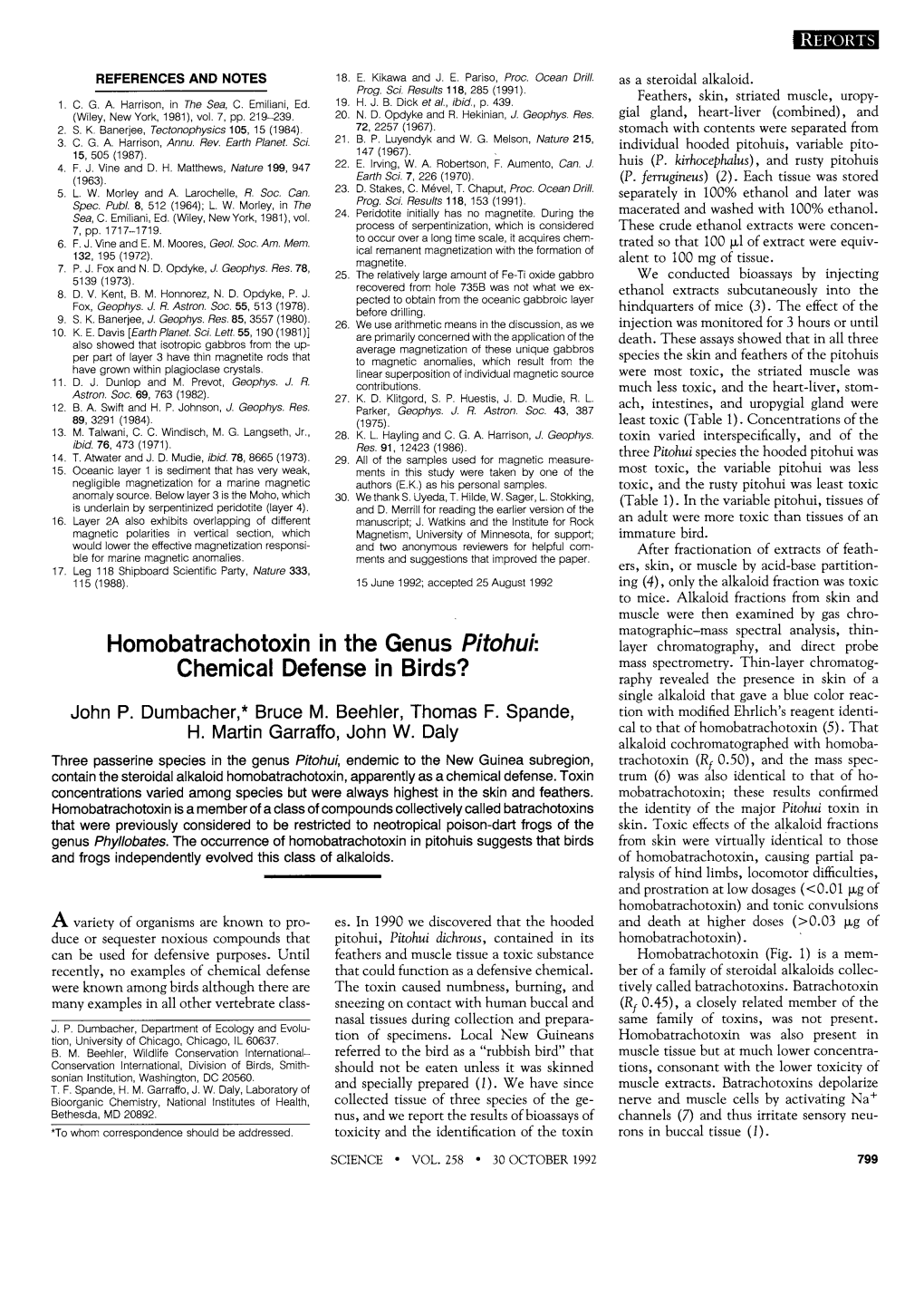 Homobatrachotoxin in the Genus Pitohui: Chemical Defense in Birds?