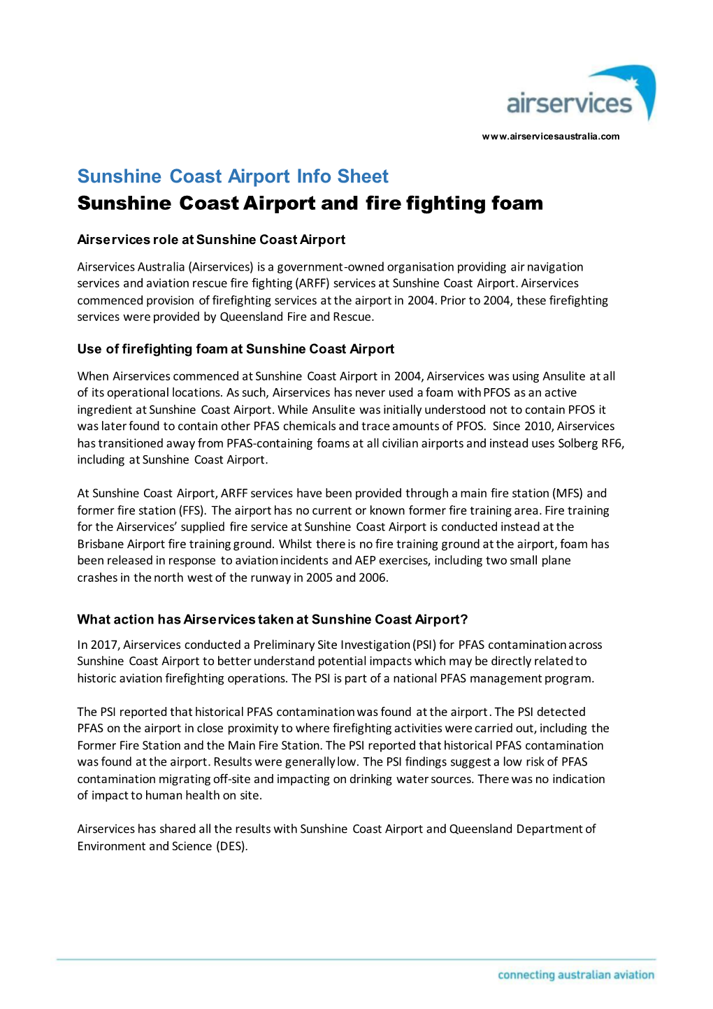 Sunshine Coast Airport Info Sheet Sunshine Coast Airport and Fire Fighting Foam