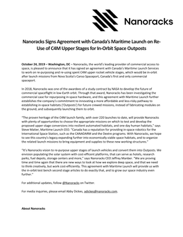 Nanoracks Signs Agreement with Canada's Maritime Launch on Re