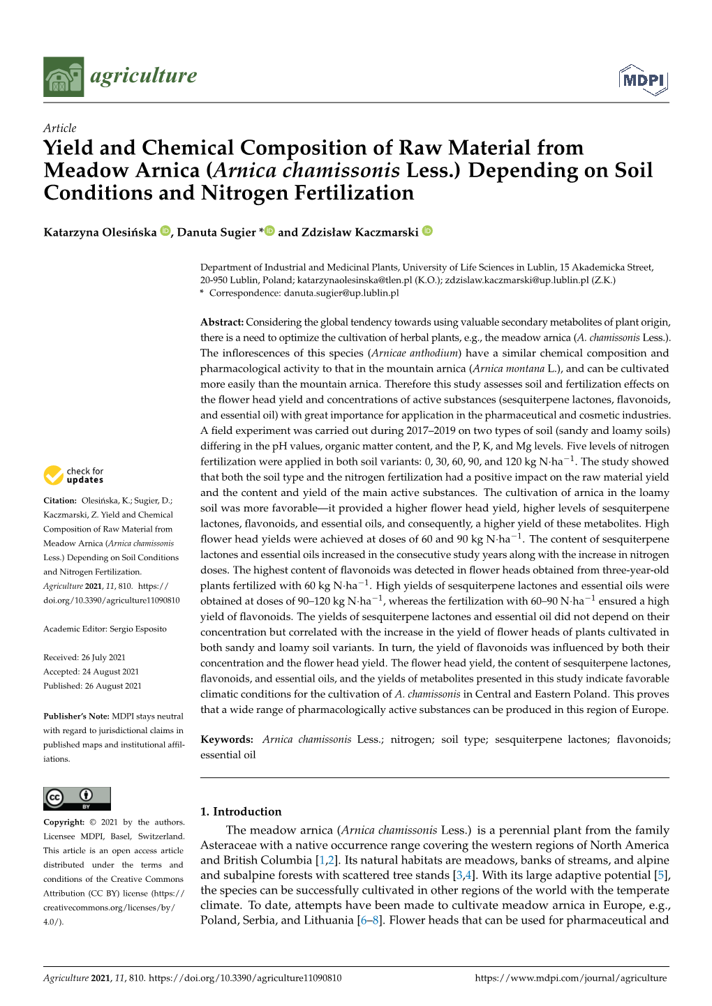 Arnica Chamissonis Less.) Depending on Soil Conditions and Nitrogen Fertilization