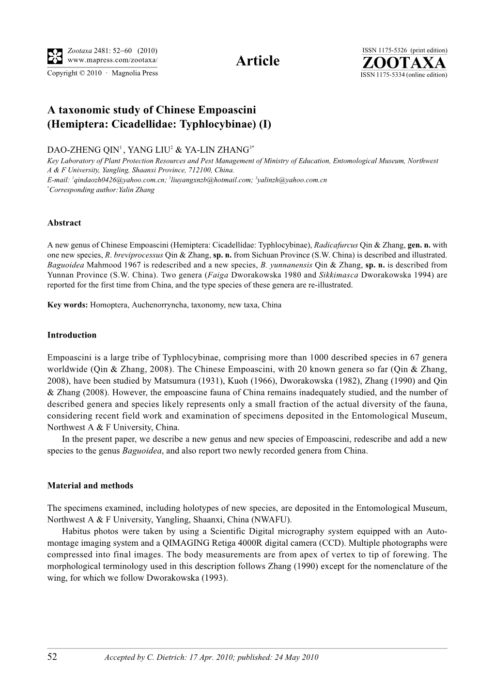 Zootaxa, a Taxonomic Study of Chinese Empoascini