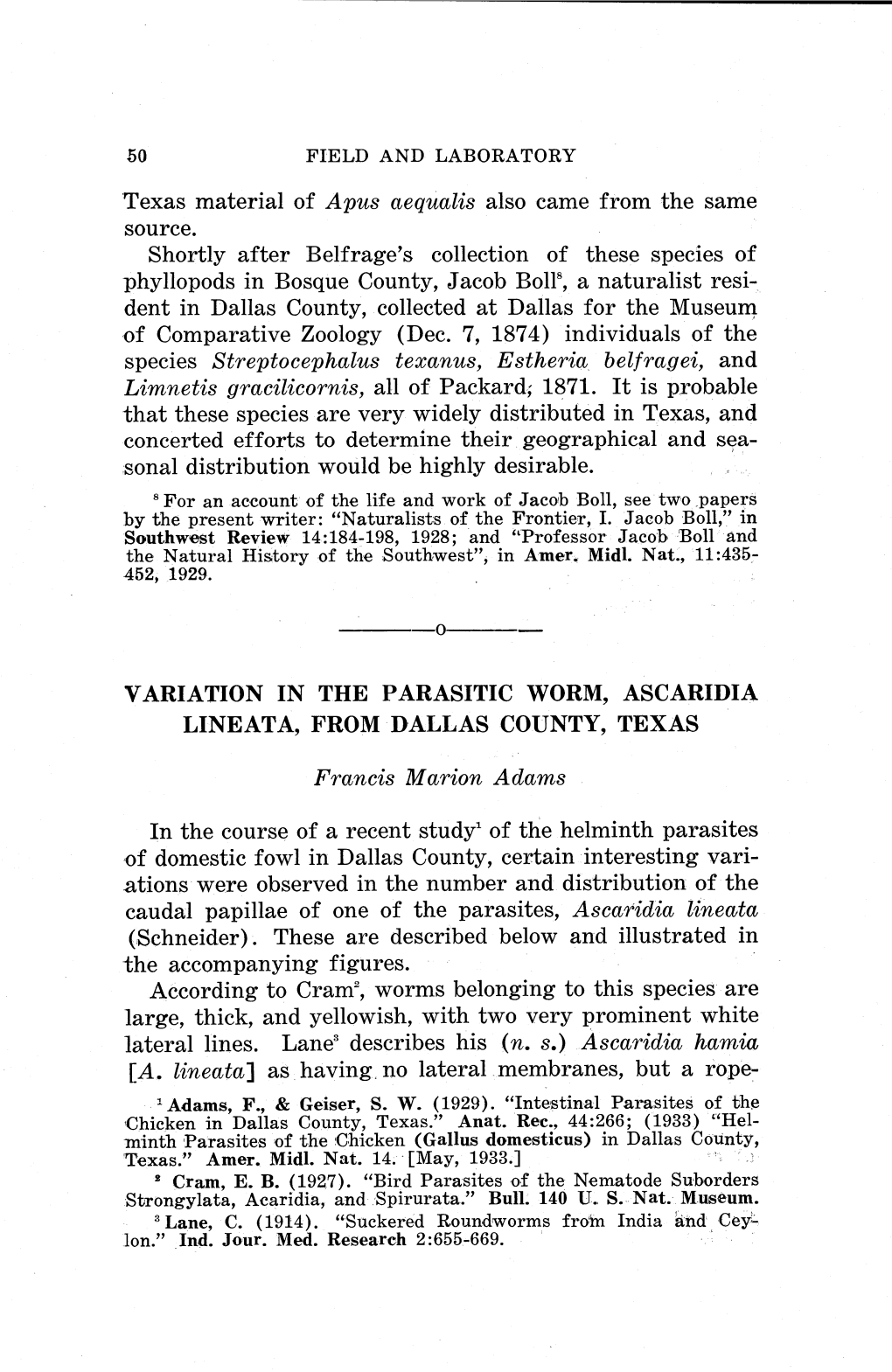 Variation in the Parasitic Worm, Ascaridia Lineata, from Dallas County, Texas