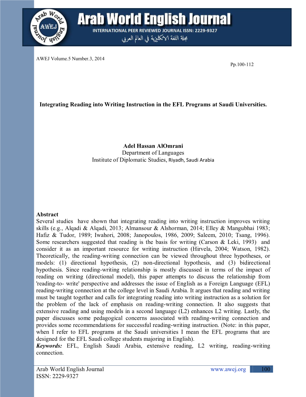 Integrating Reading Into Writing Instruction in the EFL Programs at Saudi Universities