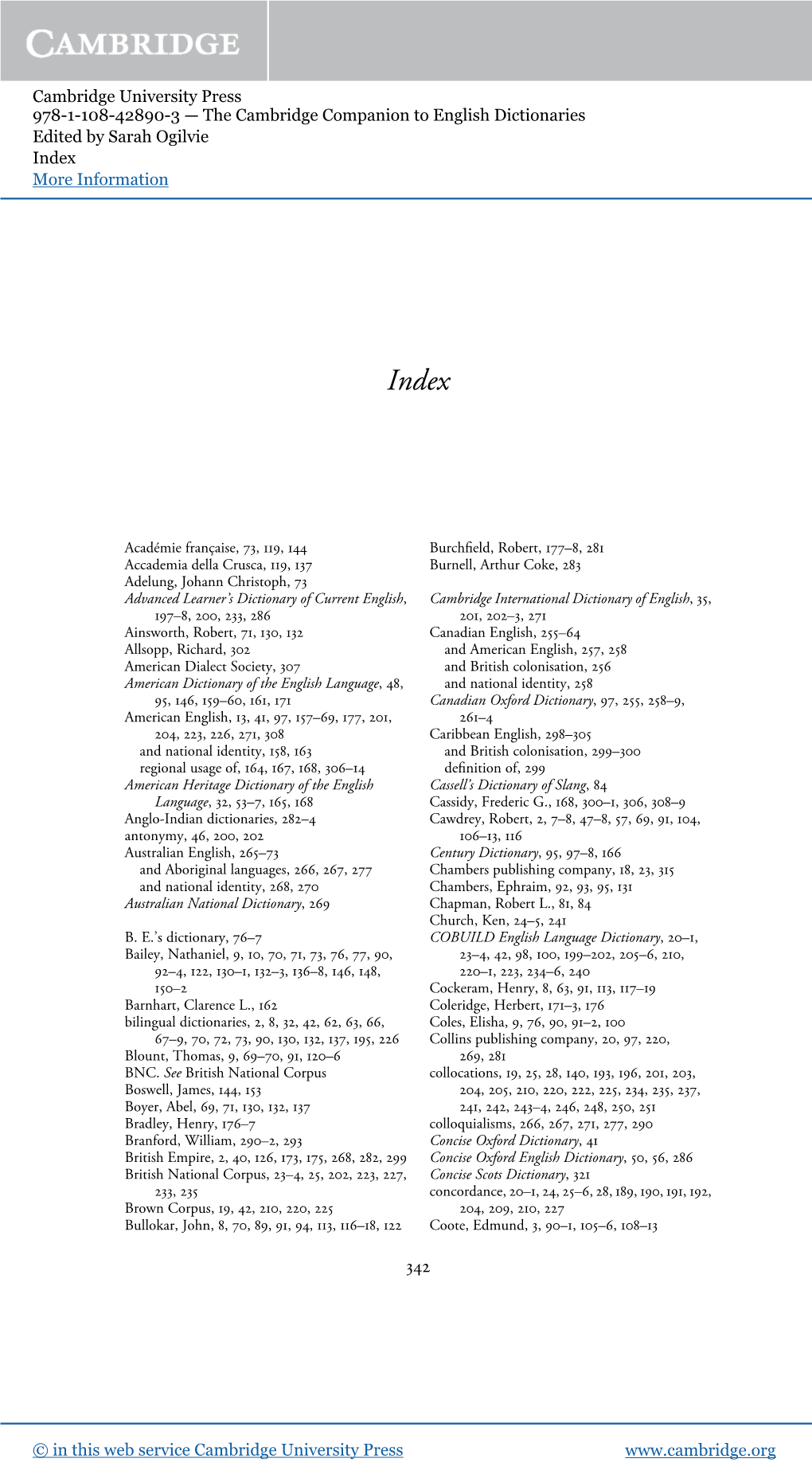 The Cambridge Companion to English Dictionaries Edited by Sarah Ogilvie Index More Information