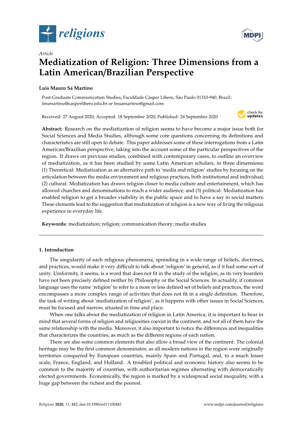 Mediatization of Religion: Three Dimensions from a Latin American/Brazilian Perspective