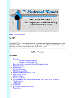 April 1999 the Albuquerque Astronomical Society News Letter