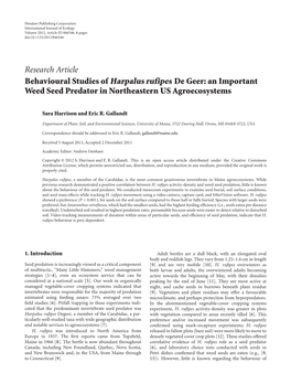 Research Article Behavioural Studies of Harpalus Rufipes De Geer: an Important Weed Seed Predator in Northeastern US Agroecosystems