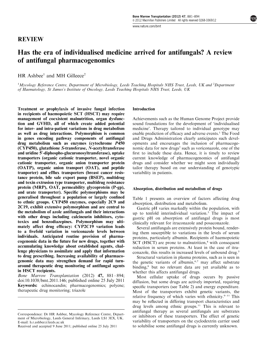 Has the Era of Individualised Medicine Arrived for Antifungals&Quest; a Review of Antifungal Pharmacogenomics