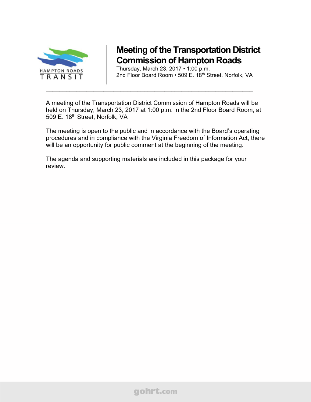 Meeting of the Transportation District Commission of Hampton Roads Thursday, March 23, 2017 • 1:00 P.M