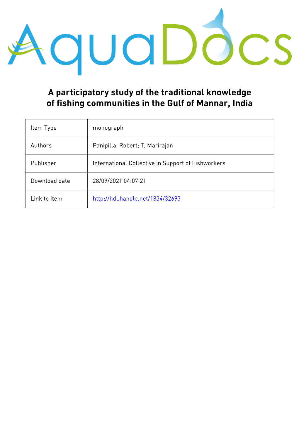A Participatory Study of the Traditional Knowledge of Fishing Communities in the Gulf of Mannar, India