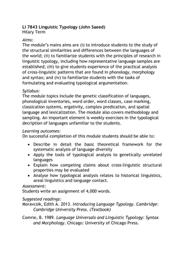 LI 7843 Linguistic Typology (John Saeed) Hilary Term Aims: The