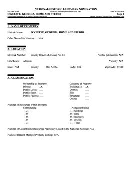 O'keeffe, GEORGIA, HOME and STUDIO Page 1 United States Department of the Interior, National Park Service______National Register of Historic Places Registration Form