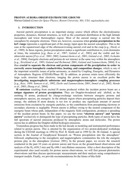 PROTON AURORA OBSERVED from the GROUND Marina Galand (Center for Space Physics, Boston University, MA, USA; Mgaland@Bu.Edu)