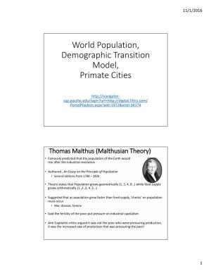 World Population, Demographic Transition Model, Primate Cities