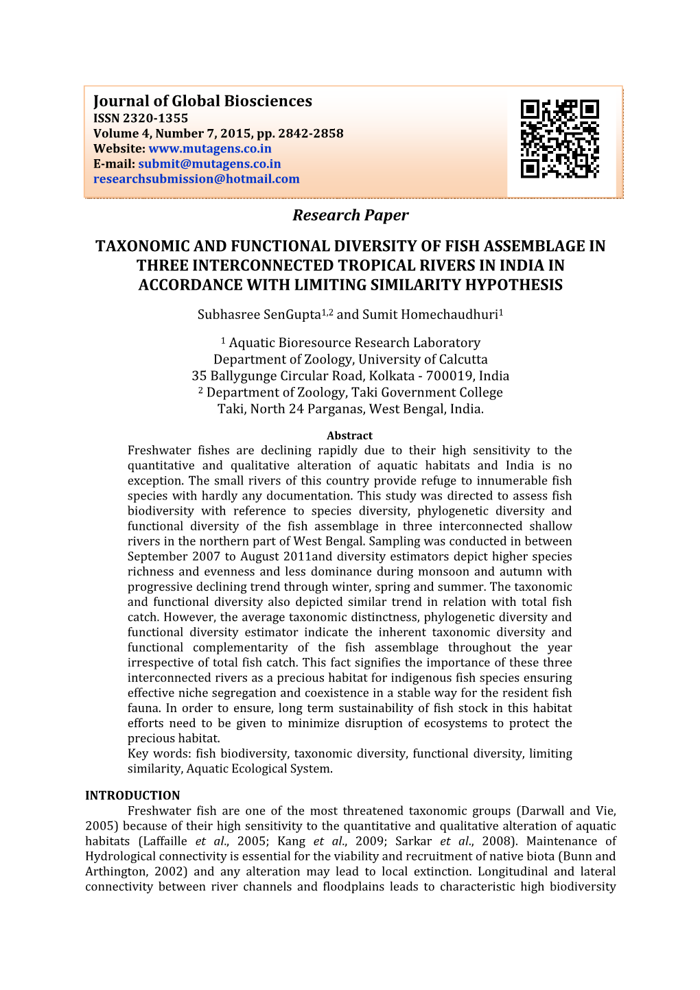 Research Paper TAXONOMIC and FUNCTIONAL DIVERSITY of FISH