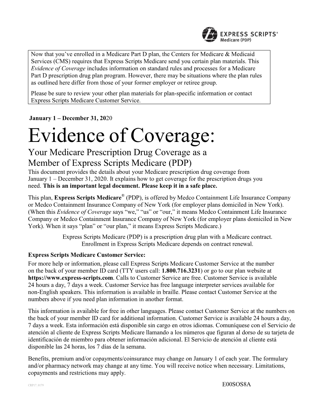 Express Scripts Medicare (PDP) Evidence of Coverage Booklet