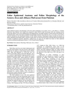 Foliar Epidermal Anatomy and Pollen Morphology of the Genera Alcea and Althaea (Malvaceae) from Pakistan