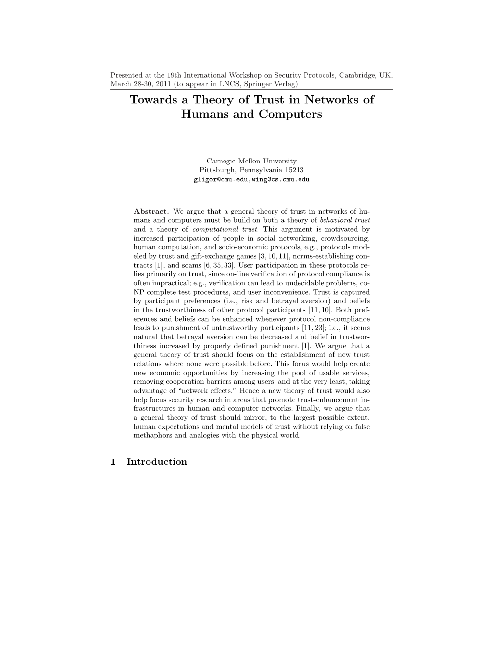 Towards a Theory of Trust in Networks of Humans and Computers