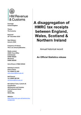 A Disaggregation of HMRC Tax Receipts Between England, Wales, Scotland & Northern Ireland