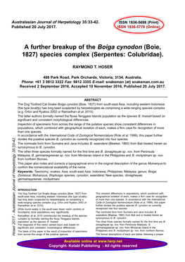 A Further Breakup of the Boiga Cynodon (Boie, 1827) Species Complex (Serpentes: Colubridae)