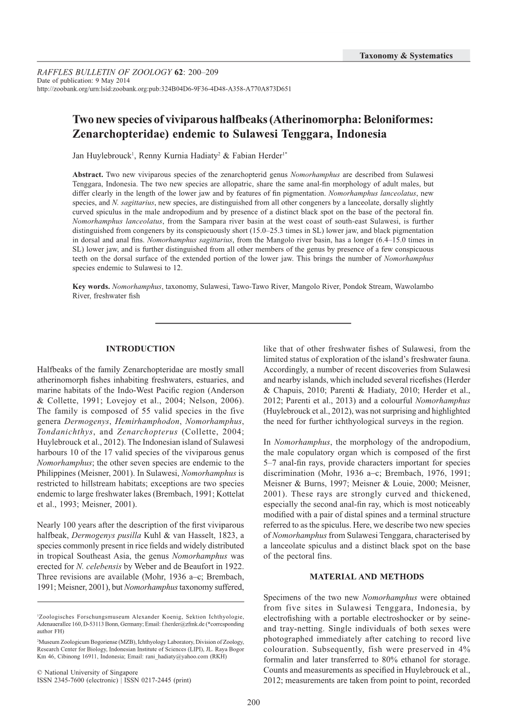 Two New Species of Viviparous Halfbeaks (Atherinomorpha: Beloniformes: Zenarchopteridae) Endemic to Sulawesi Tenggara, Indonesia