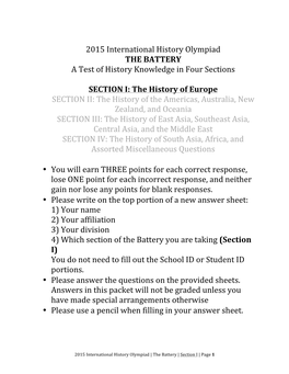 2015 International History Olympiad the BATTERY a Test of History Knowledge in Four Sections