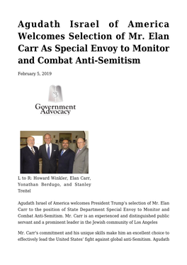 Agudath Israel of America Welcomes Selection of Mr. Elan Carr As Special Envoy to Monitor and Combat Anti-Semitism