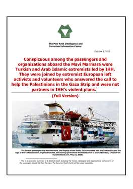 Conspicuous Among the Passengers and Organizations Aboard the Mavi Marmara Were Turkish and Arab Islamic Extremists Led by IHH