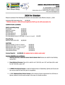 Notice of 2020 Fee Structure