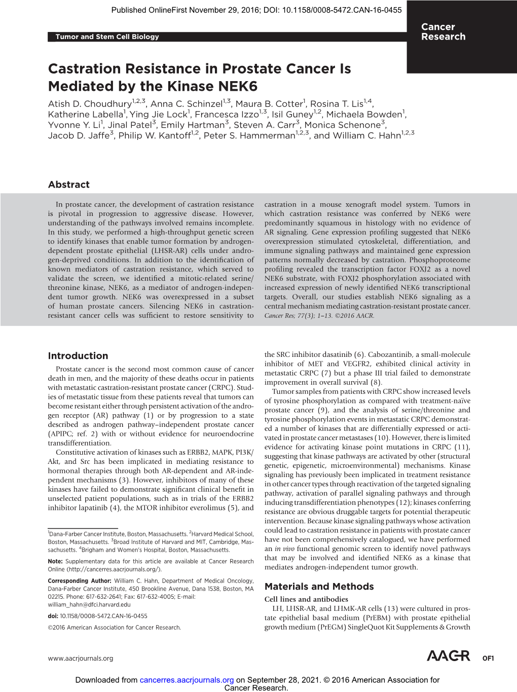 Castration Resistance in Prostate Cancer Is Mediated by the Kinase NEK6 Atish D