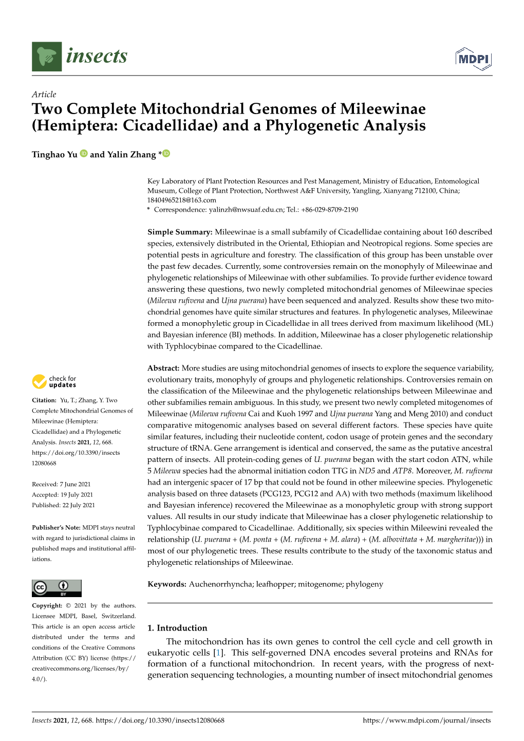 Two Complete Mitochondrial Genomes of Mileewinae (Hemiptera: Cicadellidae) and a Phylogenetic Analysis