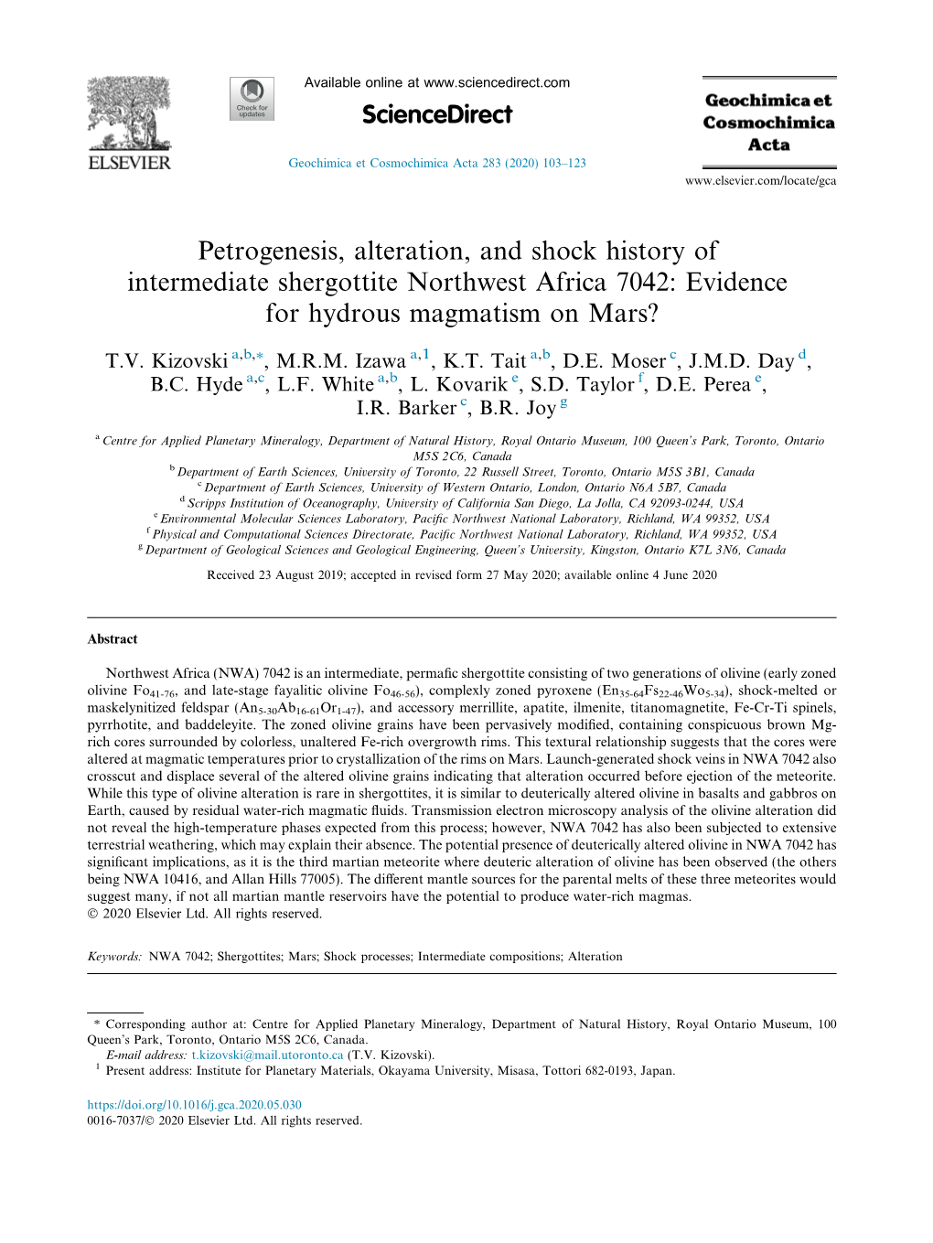 Petrogenesis, Alteration, and Shock History of Intermediate Shergottite Northwest Africa 7042: Evidence for Hydrous Magmatism on Mars?