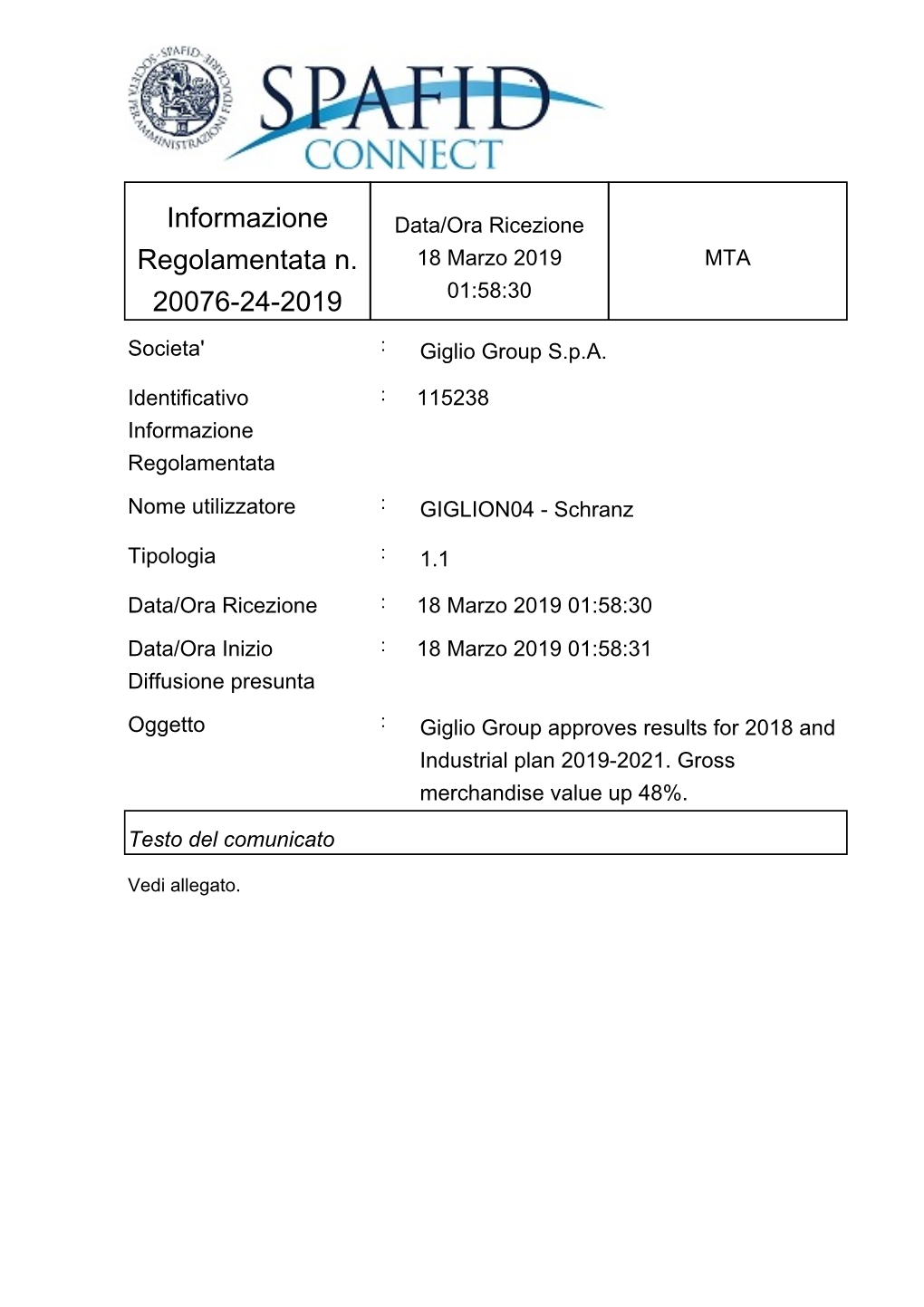 Informazione Regolamentata N. 20076-24-2019