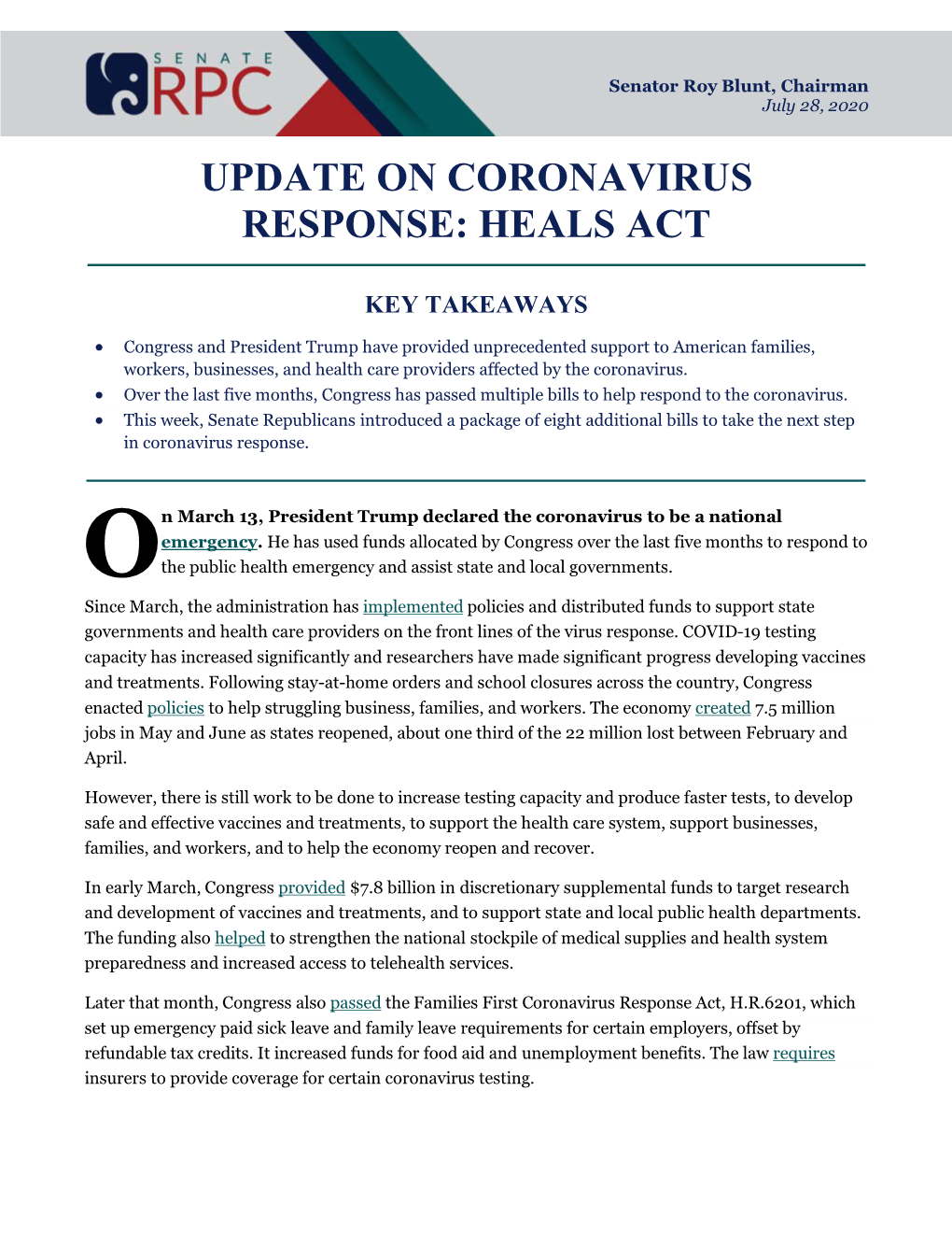 Update on Coronavirus Response: Heals Act