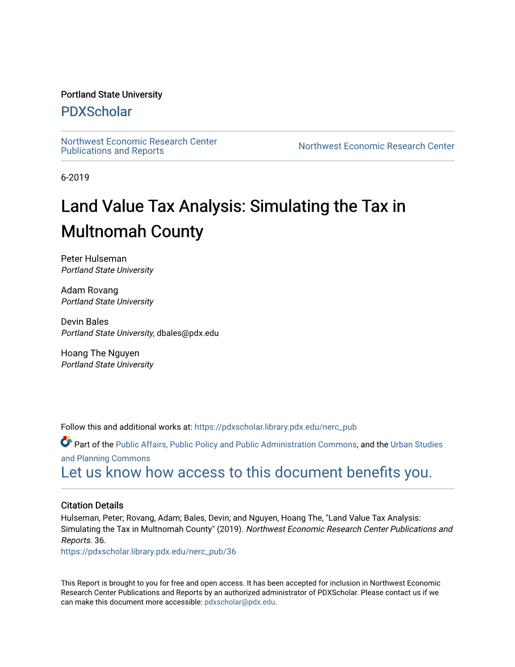 Land Value Tax Analysis: Simulating the Tax in Multnomah County