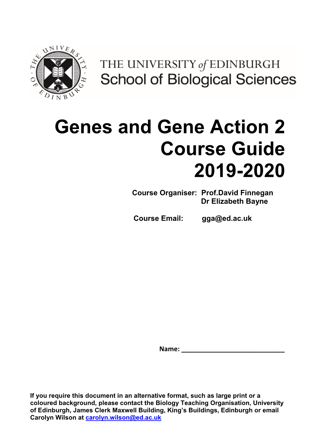 Genes and Gene Action 2 Course Guide 2019-2020
