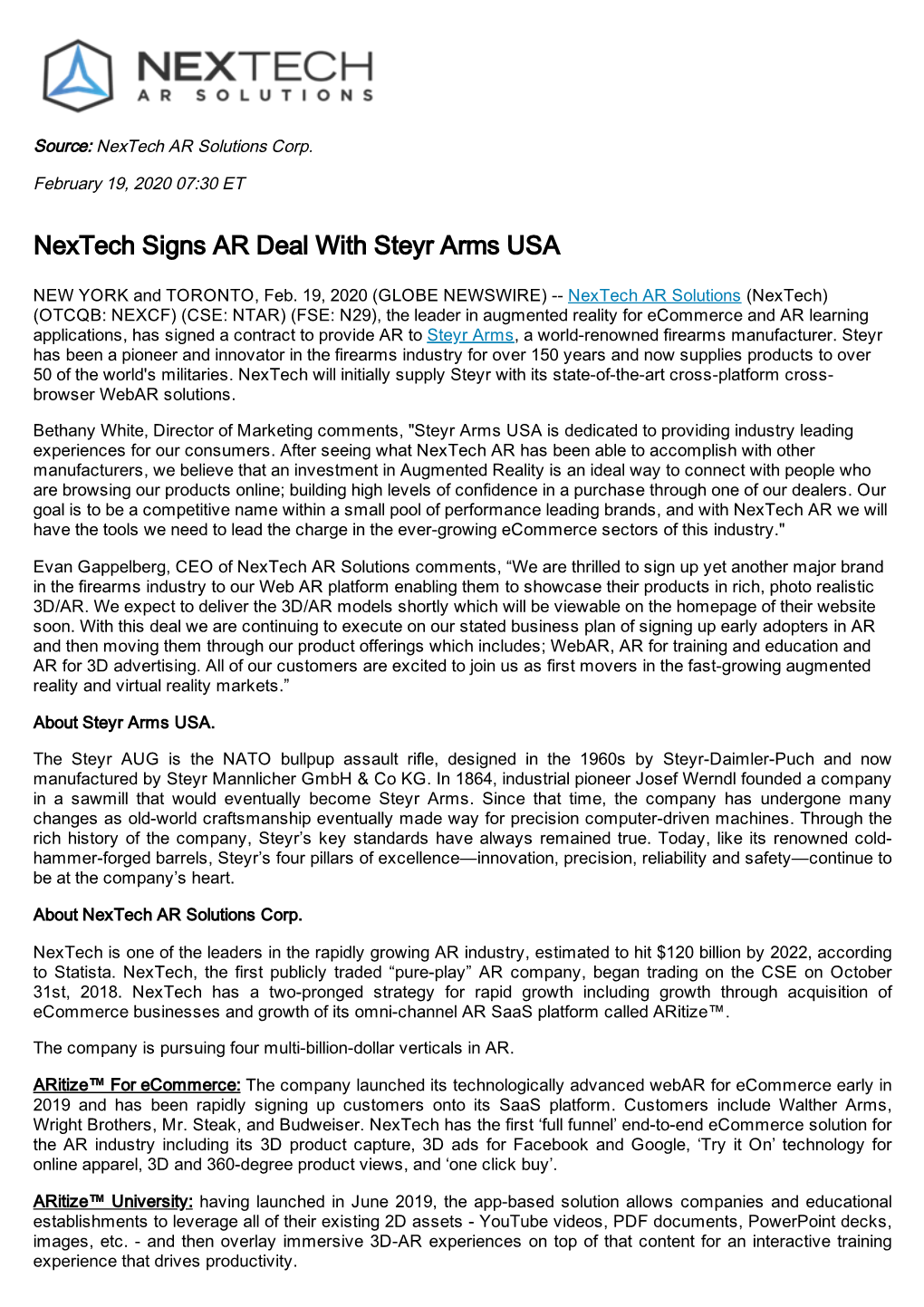 Nextech Signs AR Deal with Steyr Arms USA