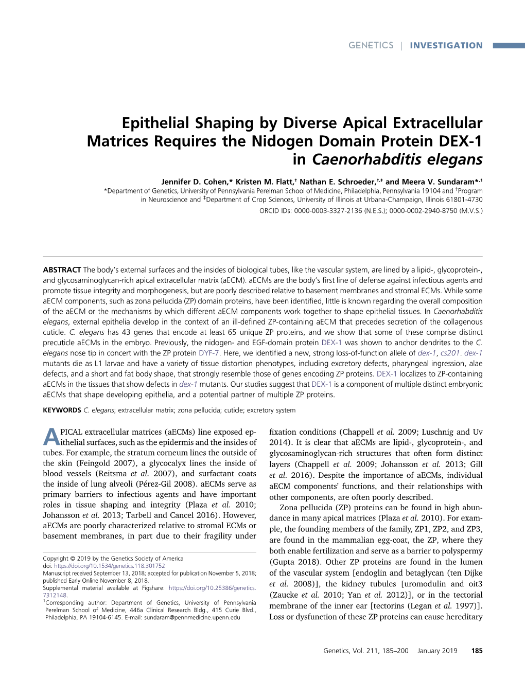 Epithelial Shaping by Diverse Apical Extracellular Matrices Requires the Nidogen Domain Protein DEX-1 in Caenorhabditis Elegans