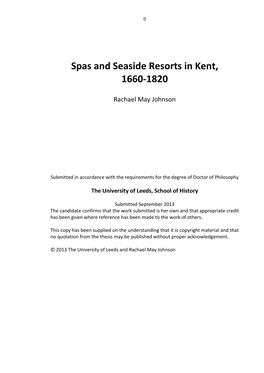 Spas and Seaside Resorts in Kent, 1660-1820