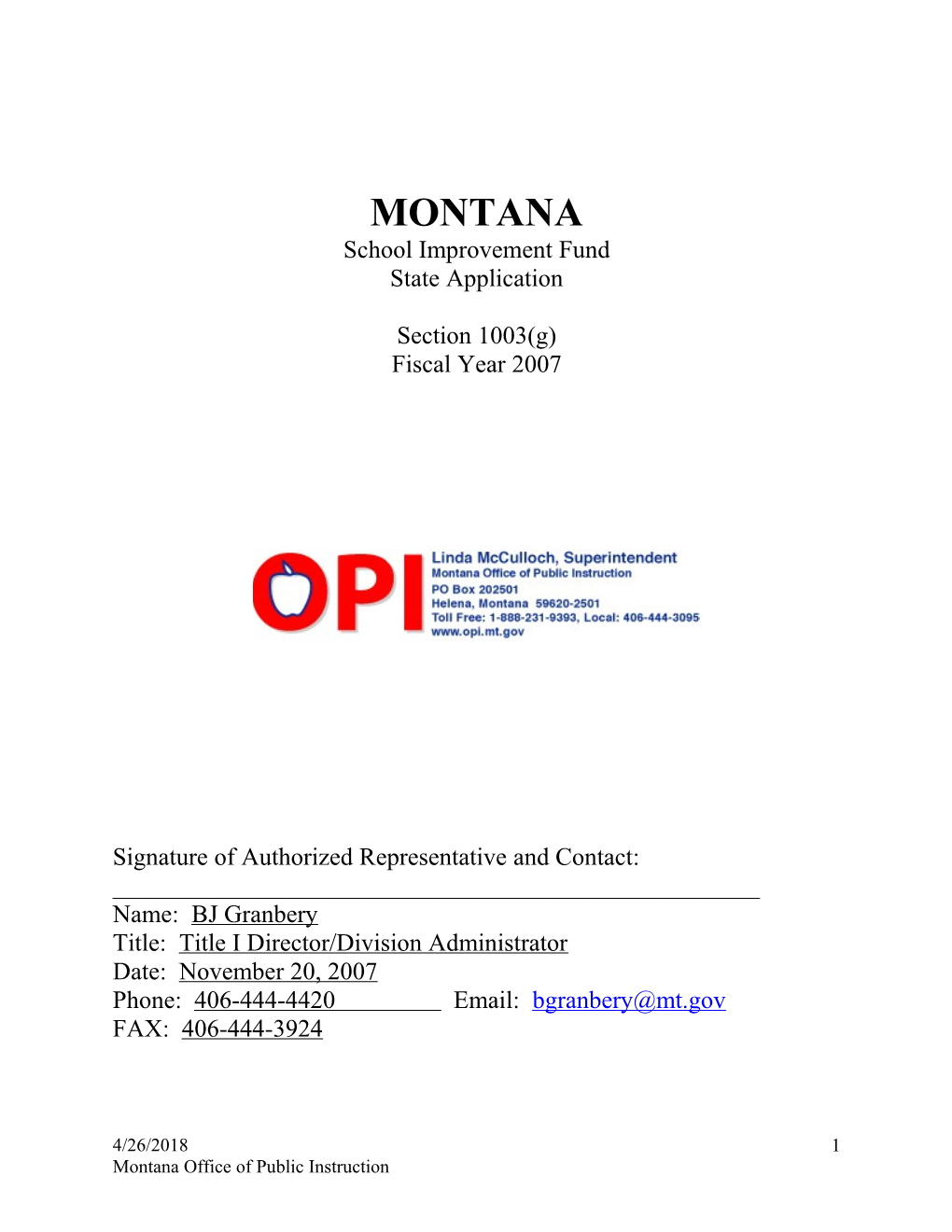 Montana School Improvement Fund State Application (MS WORD)