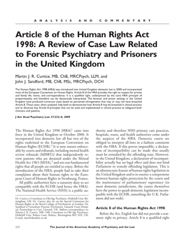 A Review of Case Law Related to Forensic Psychiatry and Prisoners in the United Kingdom