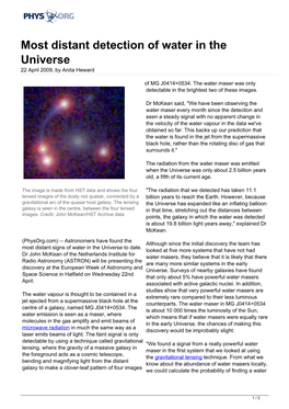 Most Distant Detection of Water in the Universe 22 April 2009, by Anita Heward